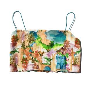 Show Me‎ Your MUMU Tula Top Palermo Spritz crop smocked back LINEN/Rayon Size M